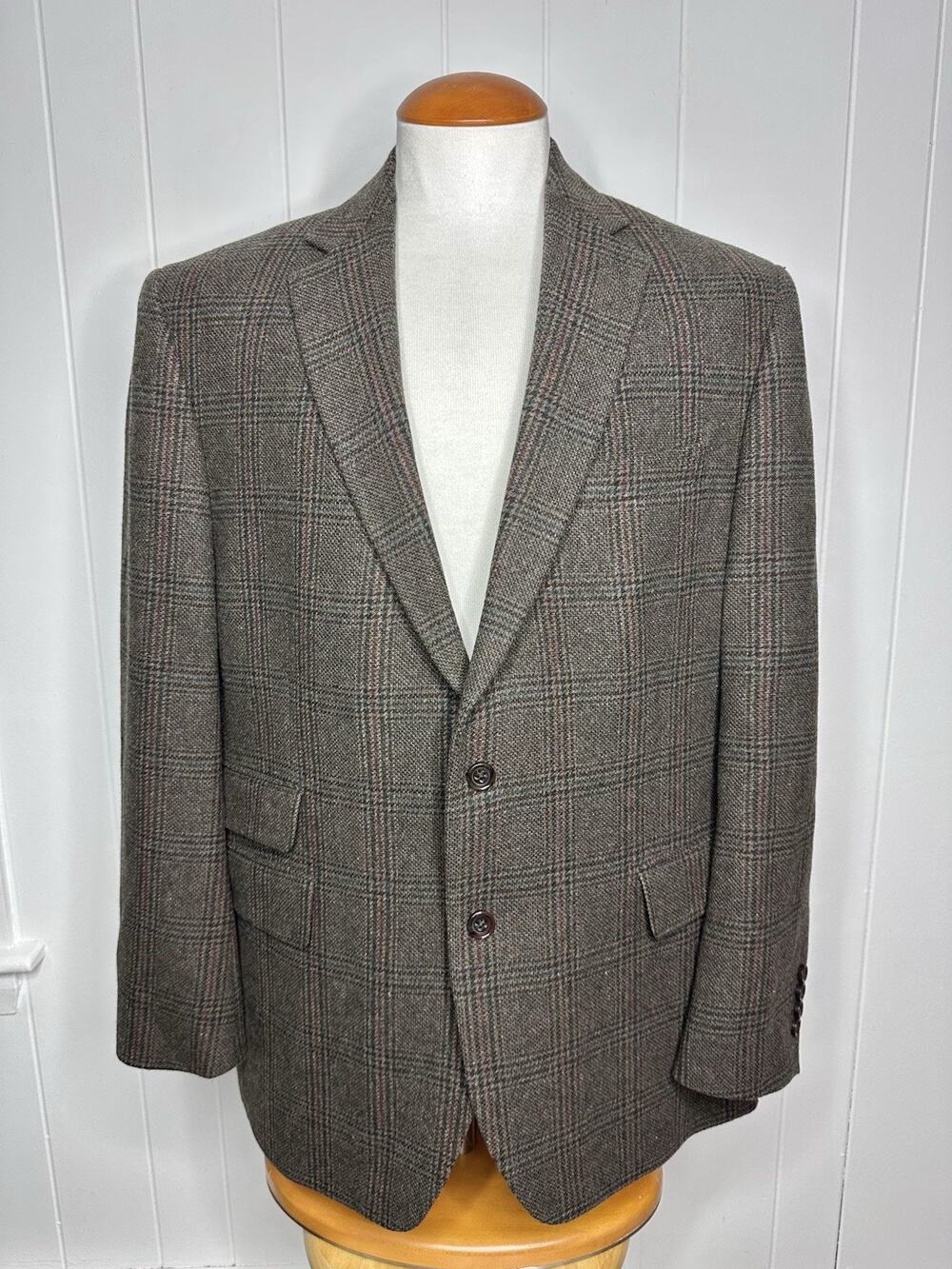 Stafford Classic Plaid Tweed Blazer Sport Coat Coffee Brown Mens 46R
